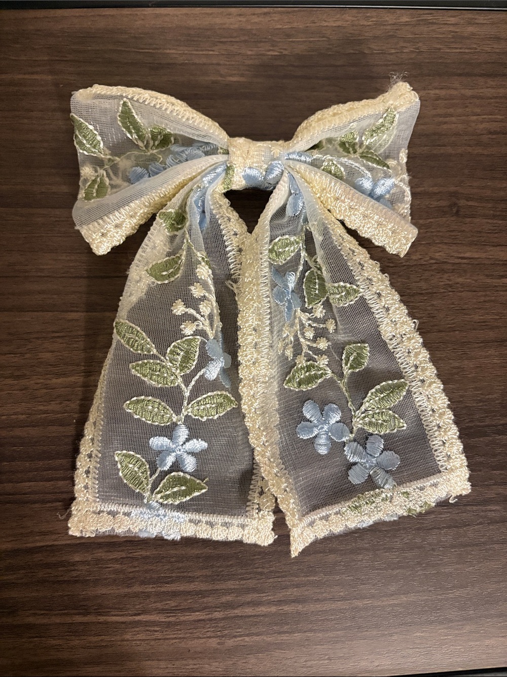 Target Cream Lace Bow Hair Clip with Blue Flowers and Green Leaves